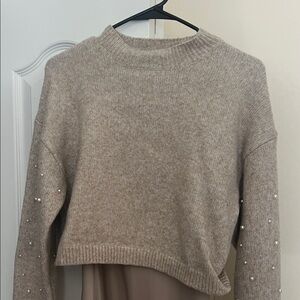 cupcakes & cashmere Taupe Sweater with Pearl Accents